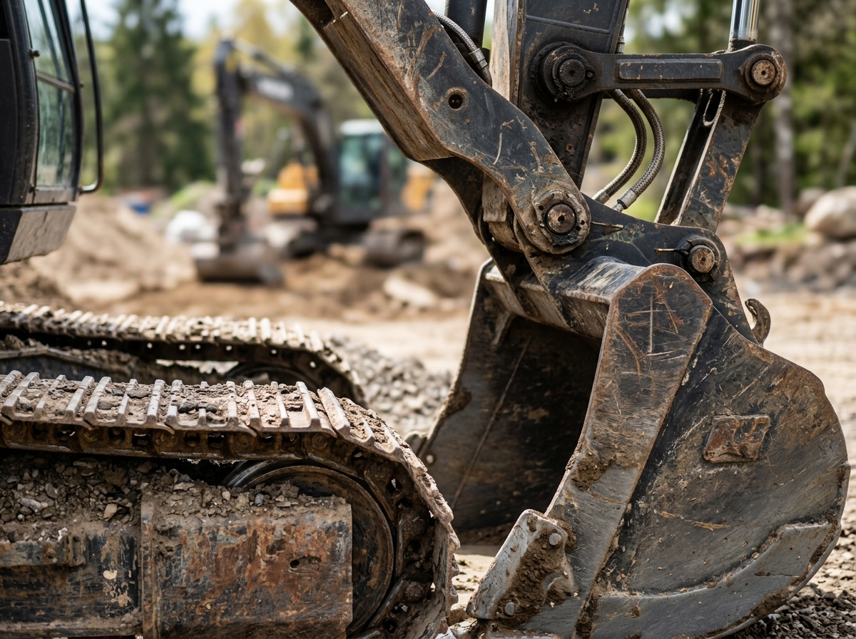 Heavy machinery tracks and bucket in daylight