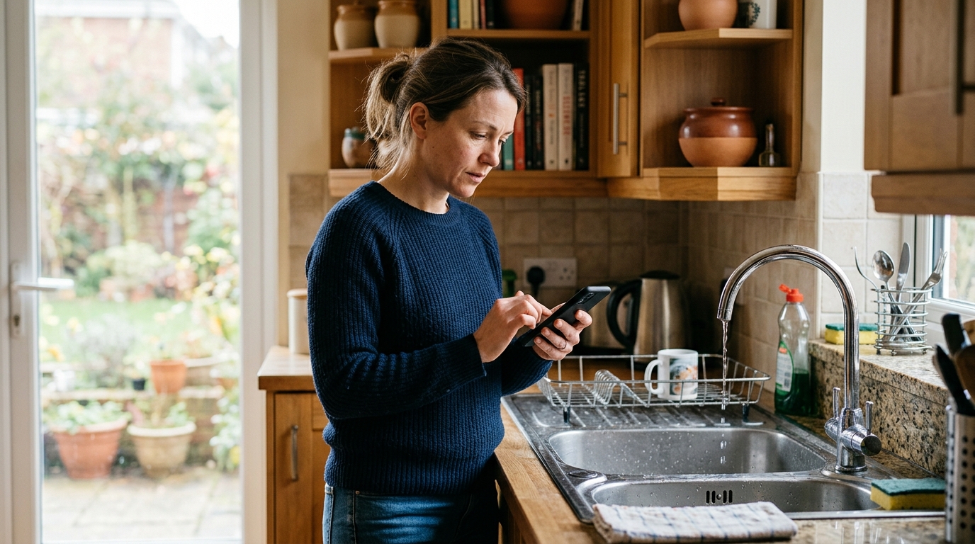 Homeowner searching for a local tradesperson on her phone in the kitchen