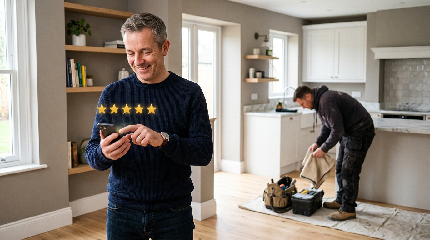 Homeowner leaving a review beside a finished renovation