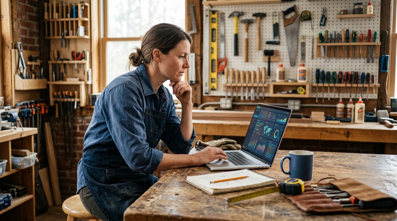 Tradesperson reviewing search performance on a laptop in a tidy workshop