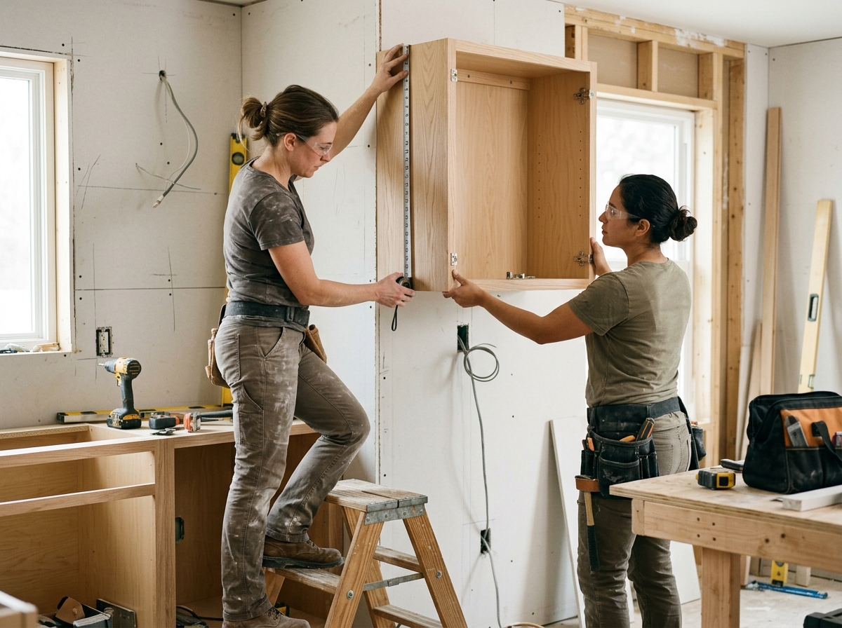 Two tradespeople fitting a kitchen cabinet together