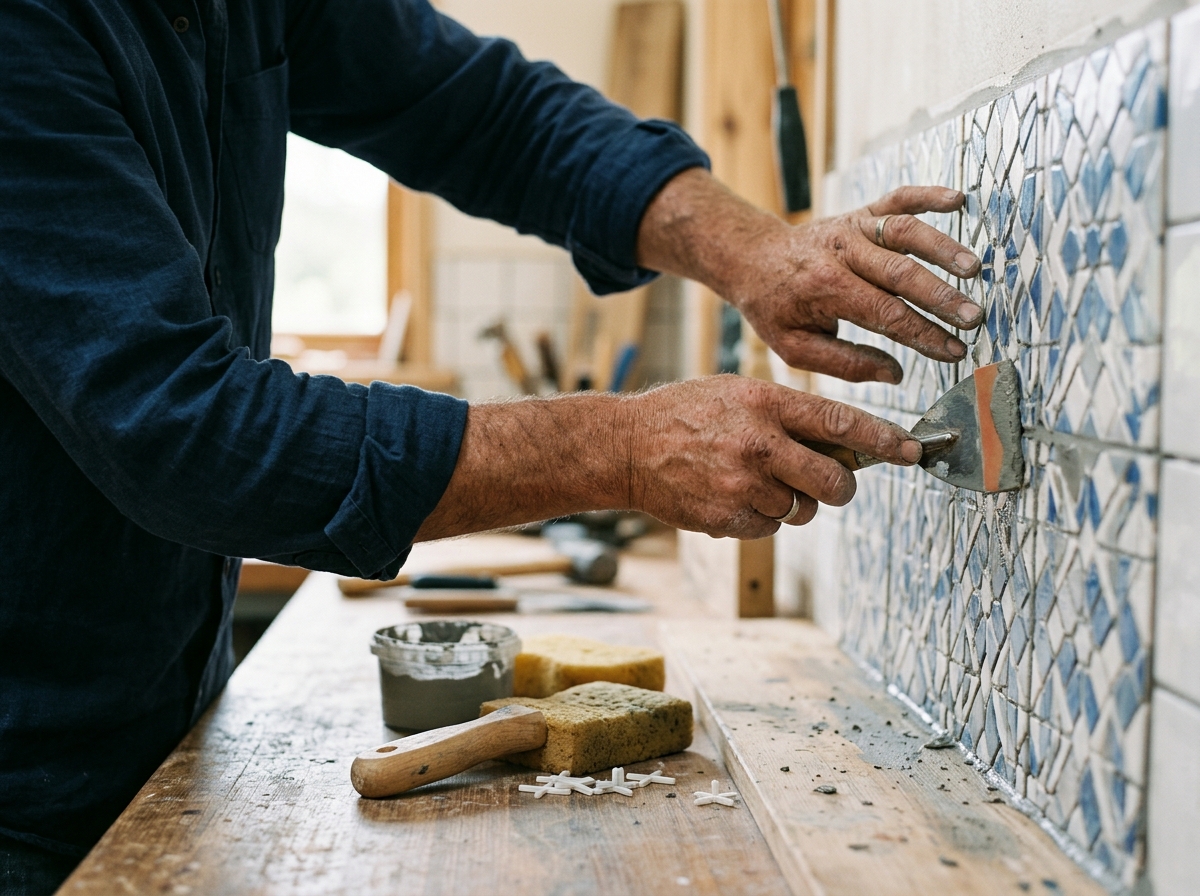 Skilled hands finishing detailed tiling work