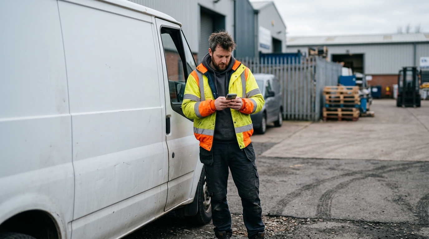 Buyer in a hi-vis jacket searching for a supplier on his phone