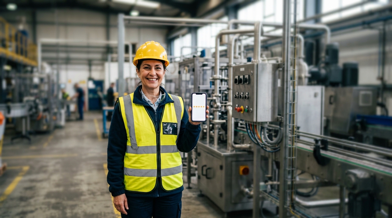 Client in safety gear smiling at a completed installation