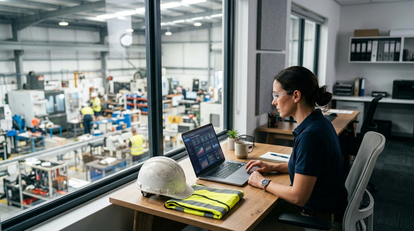 Operations manager reviewing search performance on a laptop beside the shop floor