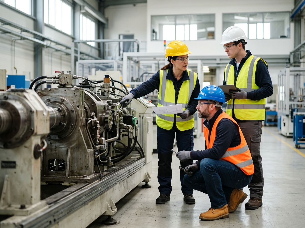 Engineers inspecting machinery together