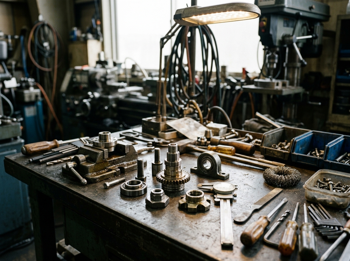 Precision parts and tools on a workbench