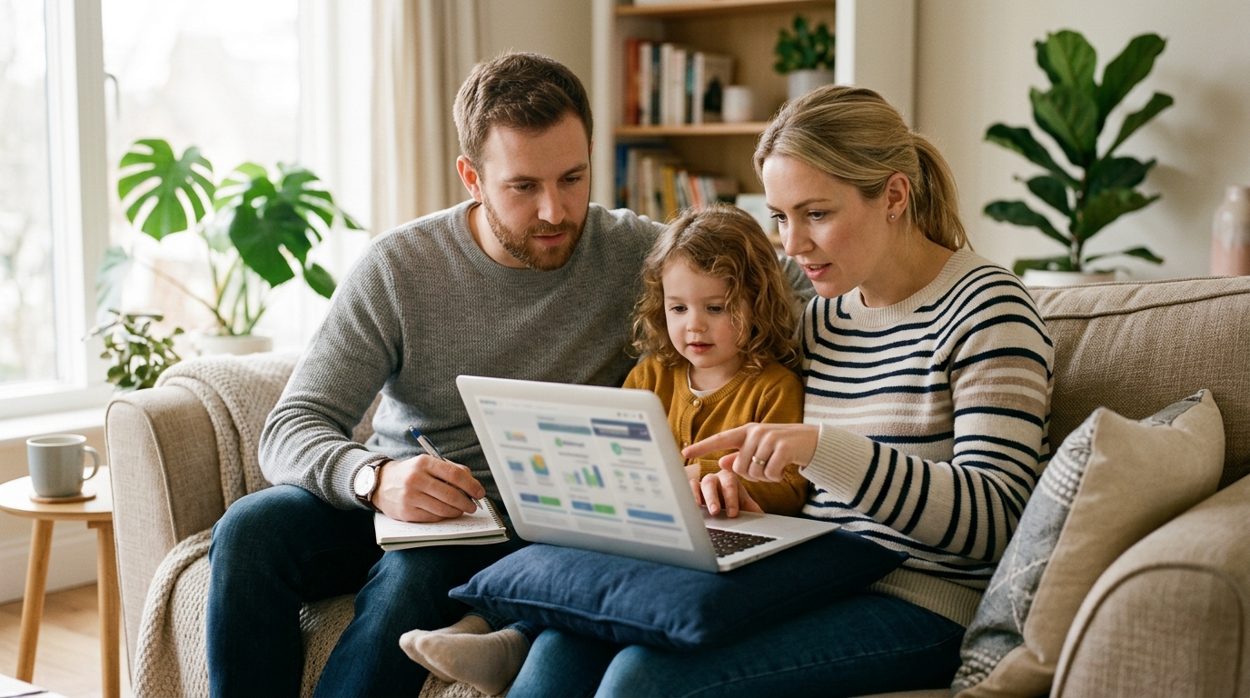 Family comparing insurance options on a laptop at home