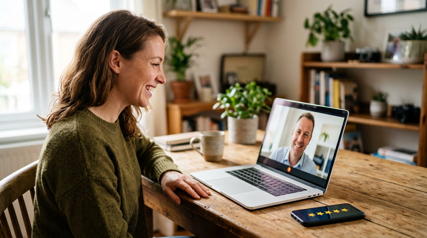 Client smiling on a video call with a broker