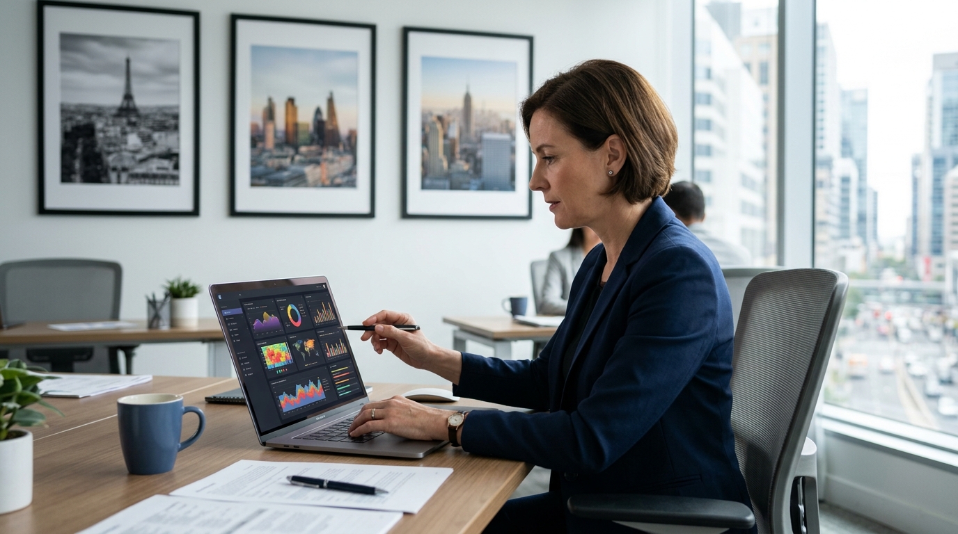 Insurance broker reviewing search performance on a laptop