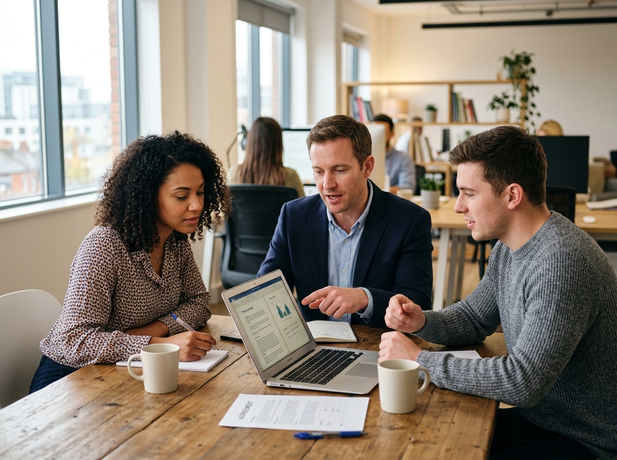 Broker team discussing a policy around a laptop