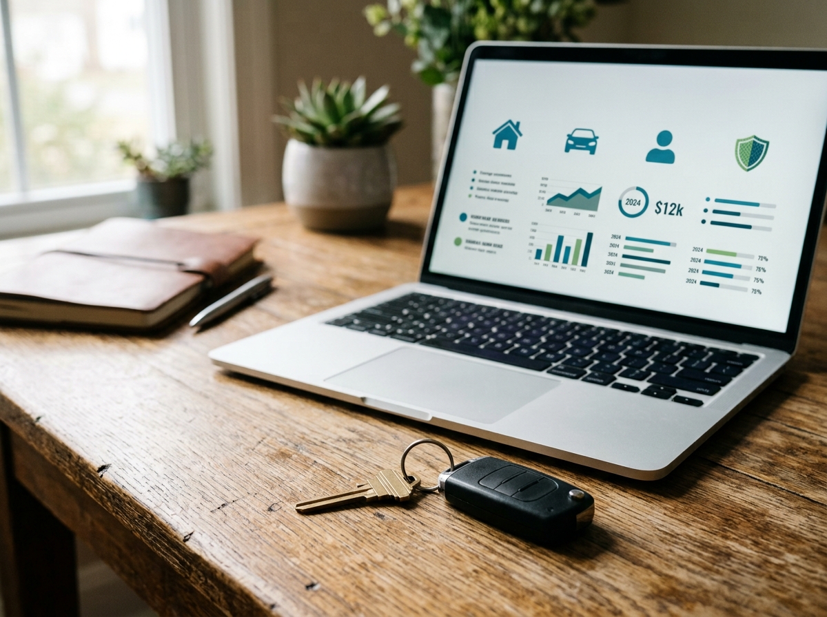House key, car key and laptop on a desk