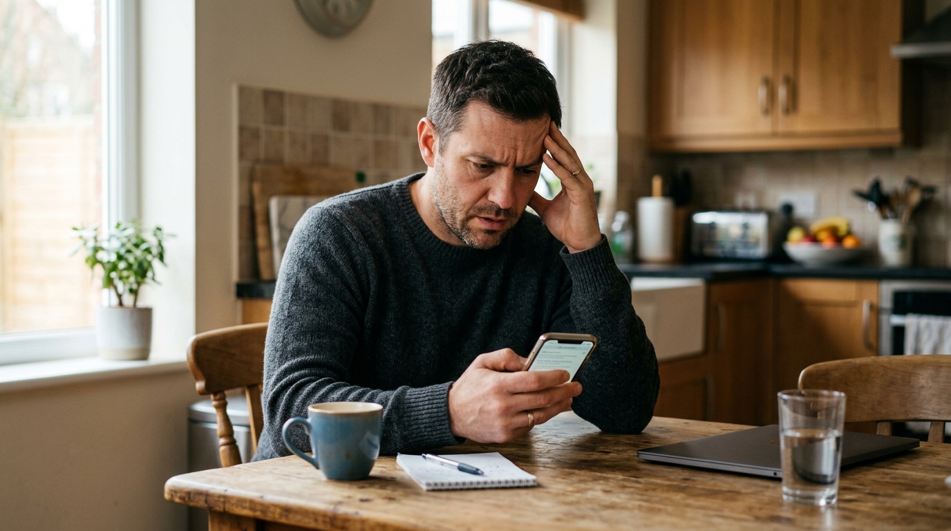 Man searching for legal advice on his phone at home