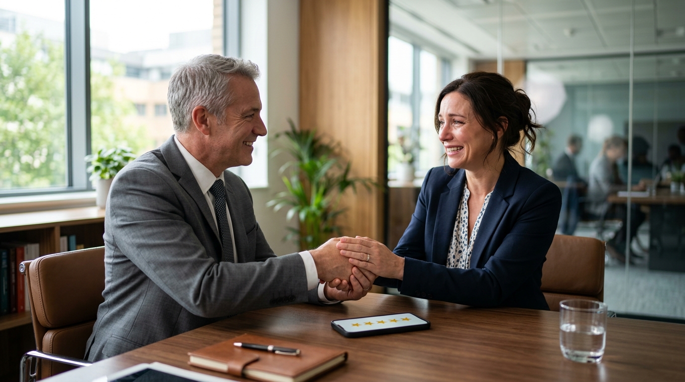 Client thanking a lawyer in a meeting room