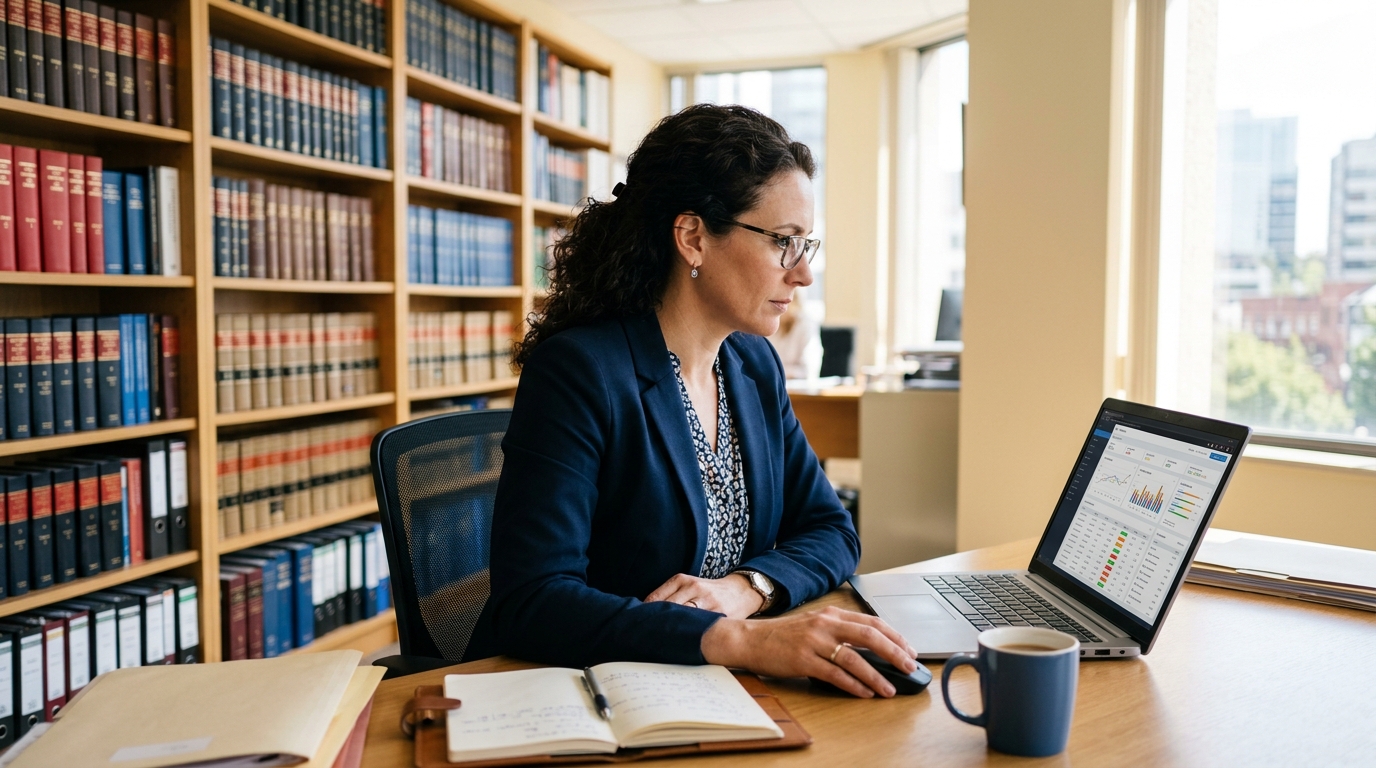 Solicitor reviewing search performance on a laptop in a law office