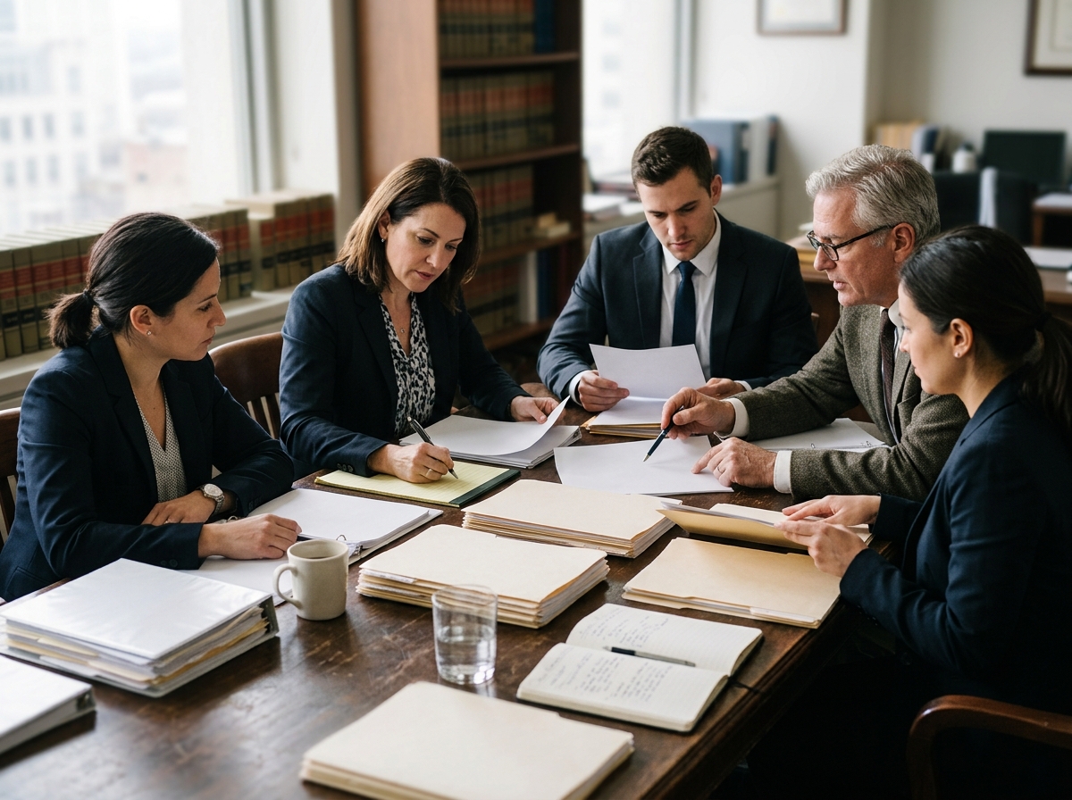 Legal team preparing documents around a table