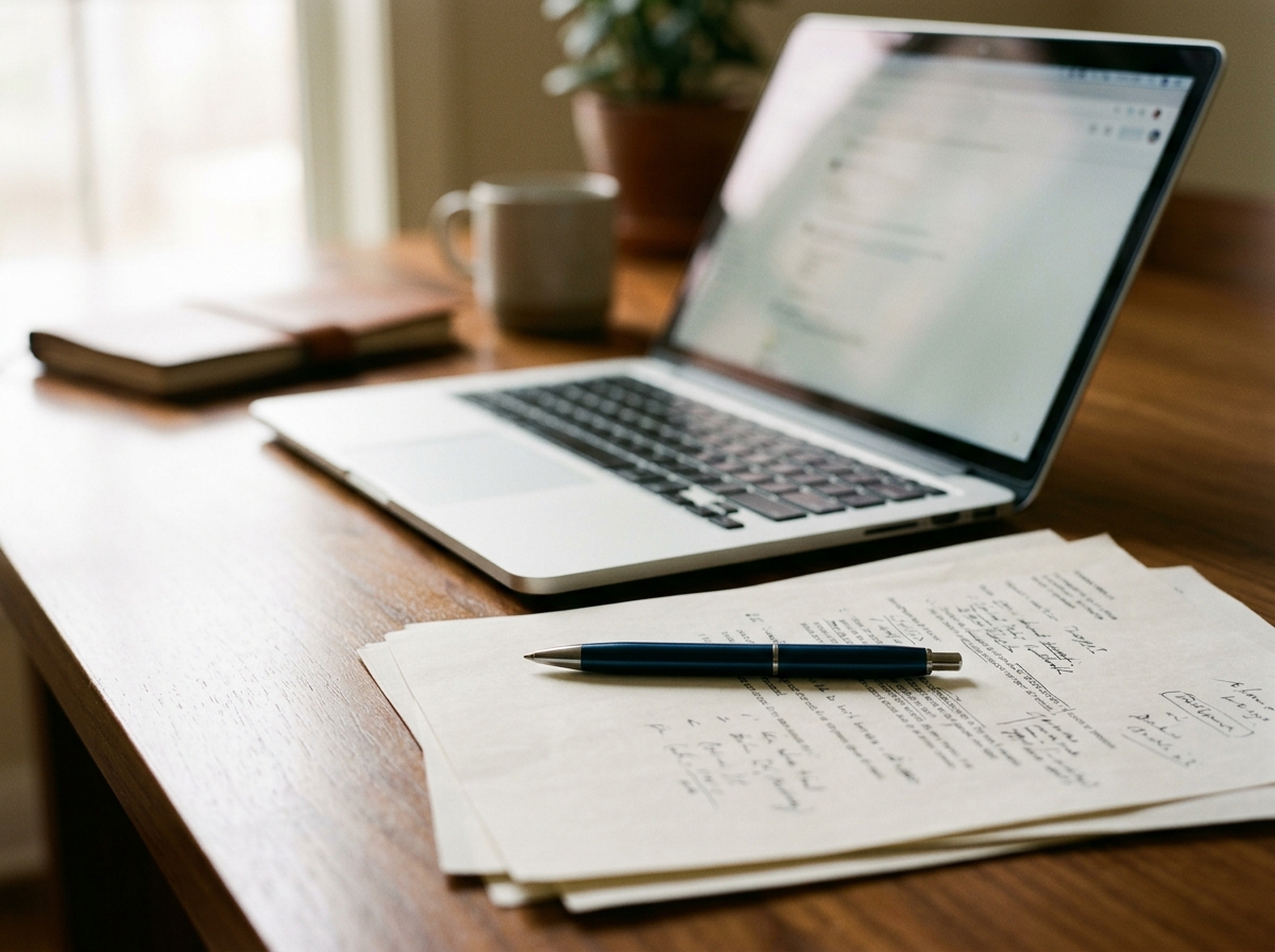 Pen, documents and a laptop on a polished desk
