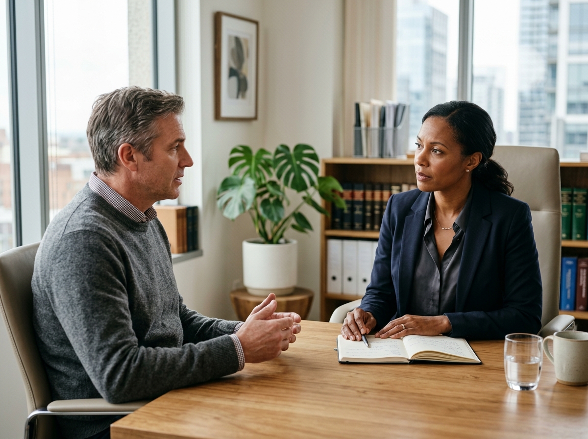 Lawyer listening to a client in a calm office