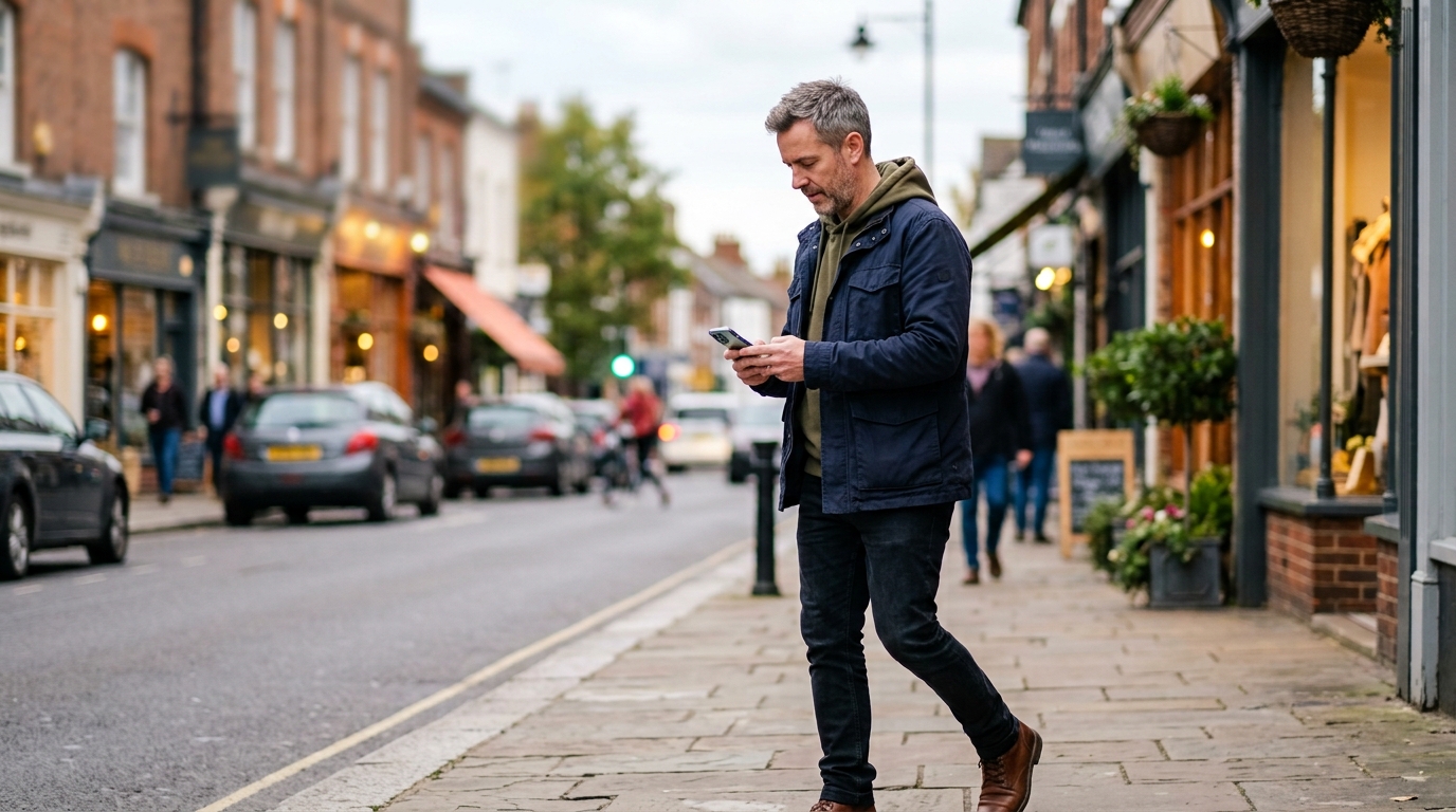 Woman searching for a local service on her phone on a high street