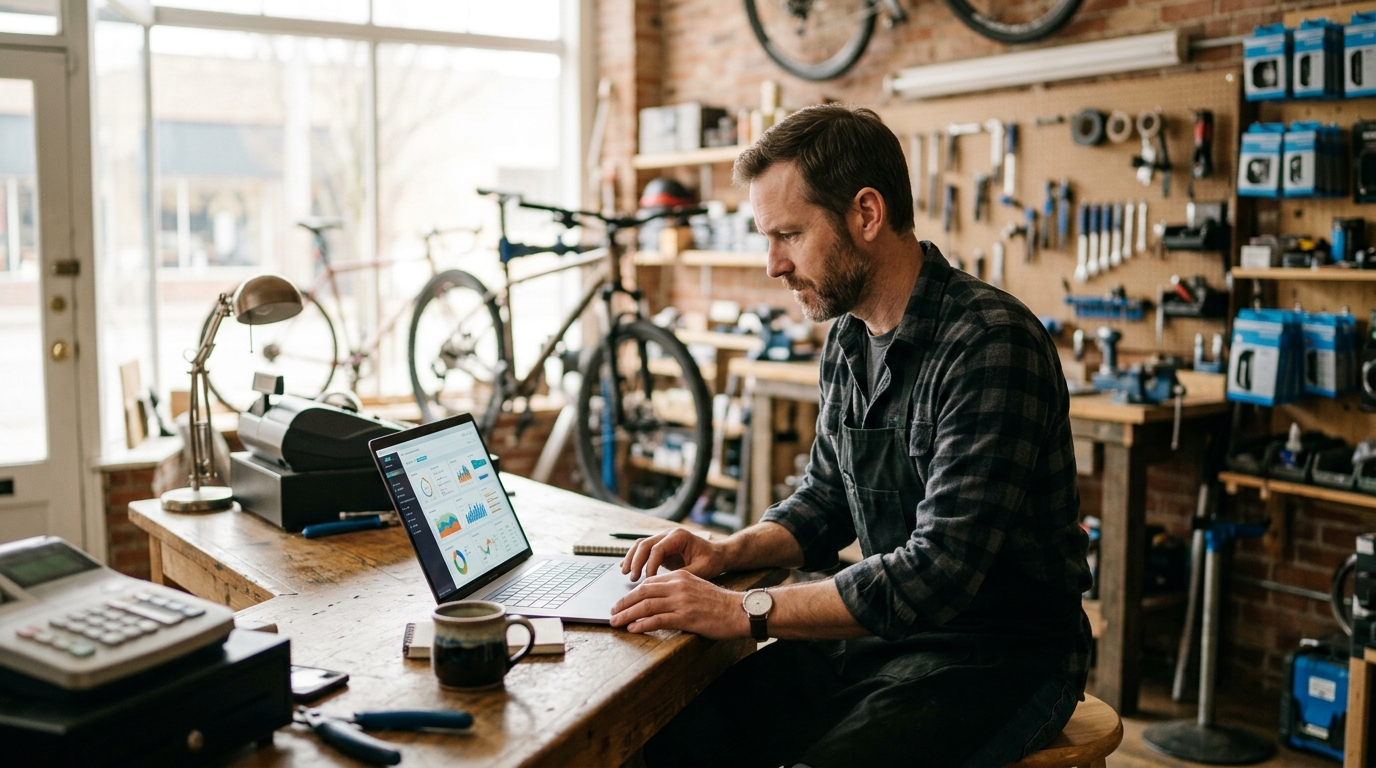 Small-business owner reviewing search performance on a laptop before opening