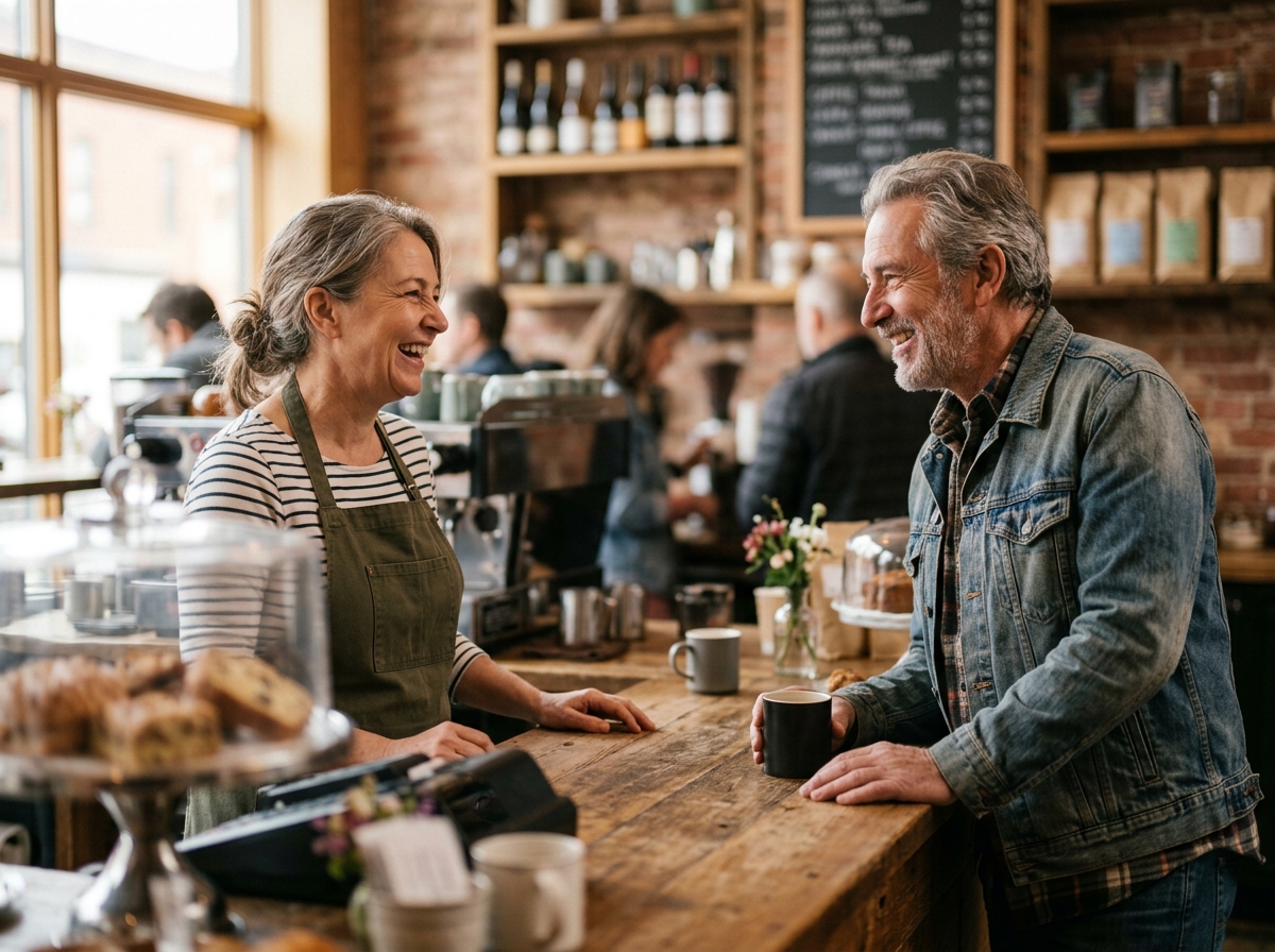 Owner chatting with a regular customer across the counter