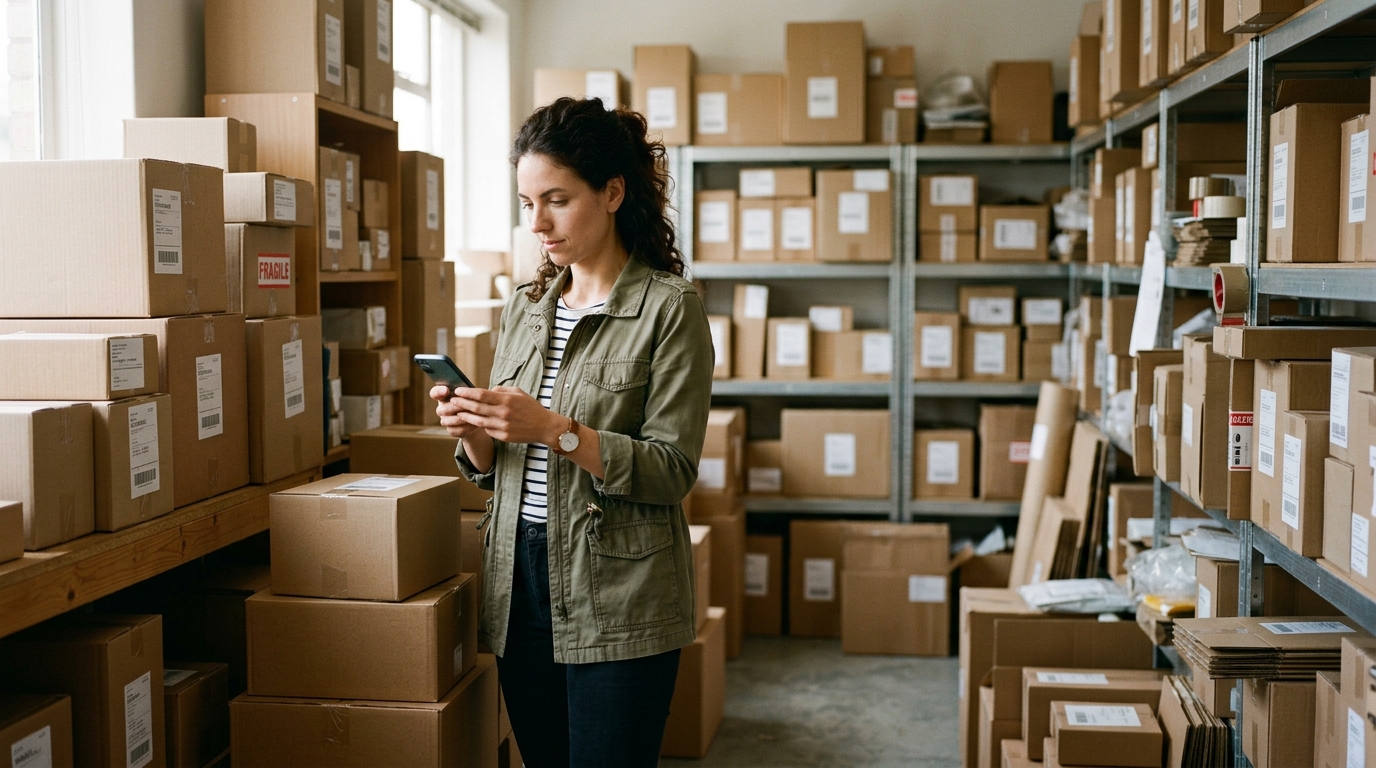 Business owner searching for a freight partner on her phone in a stockroom