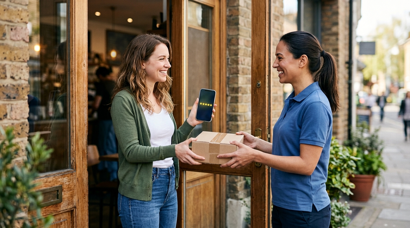Customer receiving a delivery and holding a phone with a five-star rating