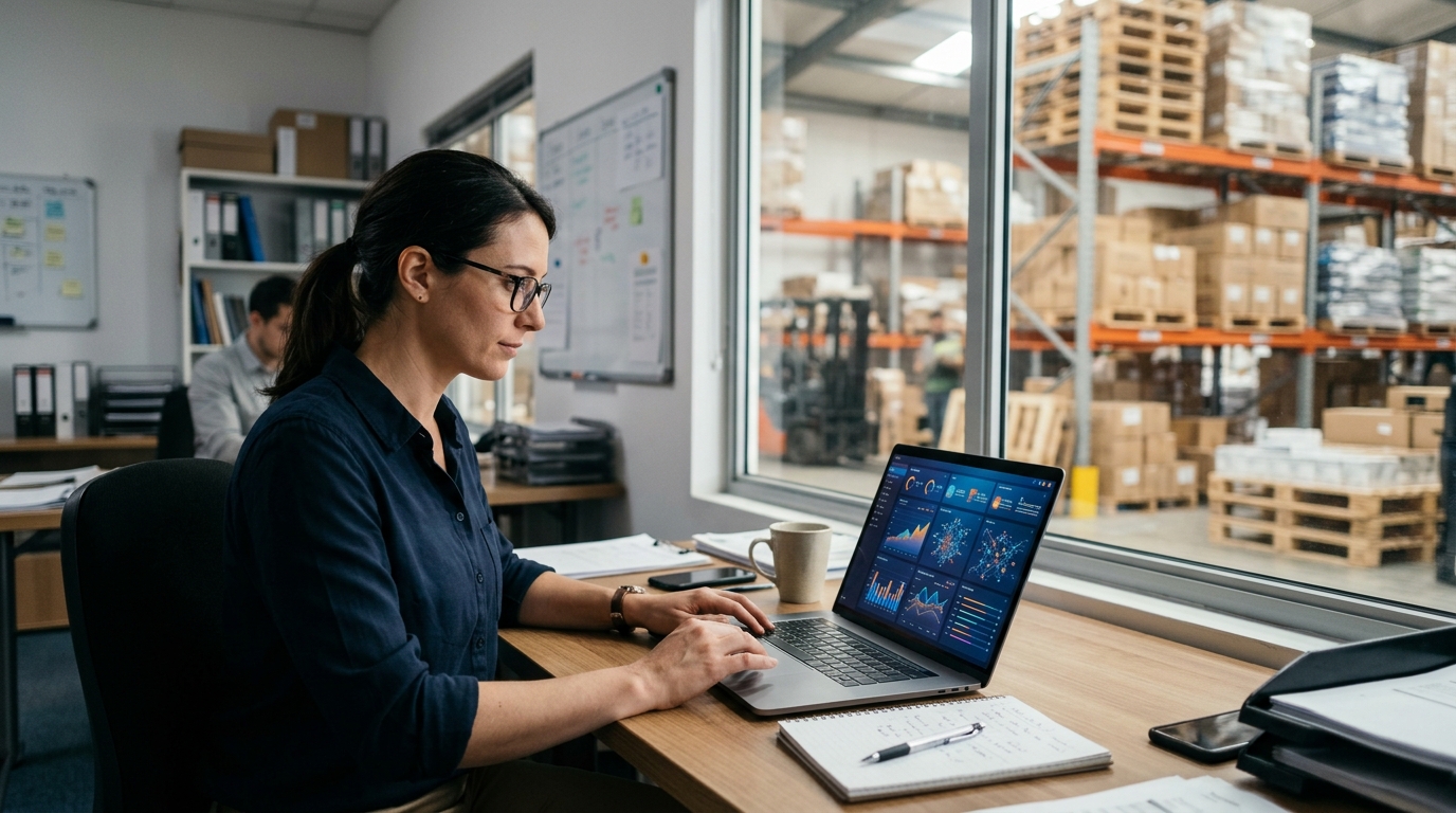 Logistics manager reviewing search performance in a warehouse office