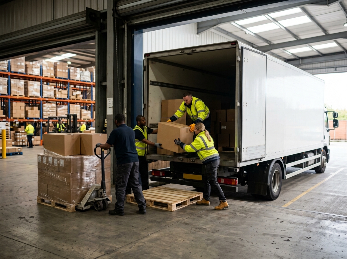 Warehouse staff loading a lorry at a loading bay