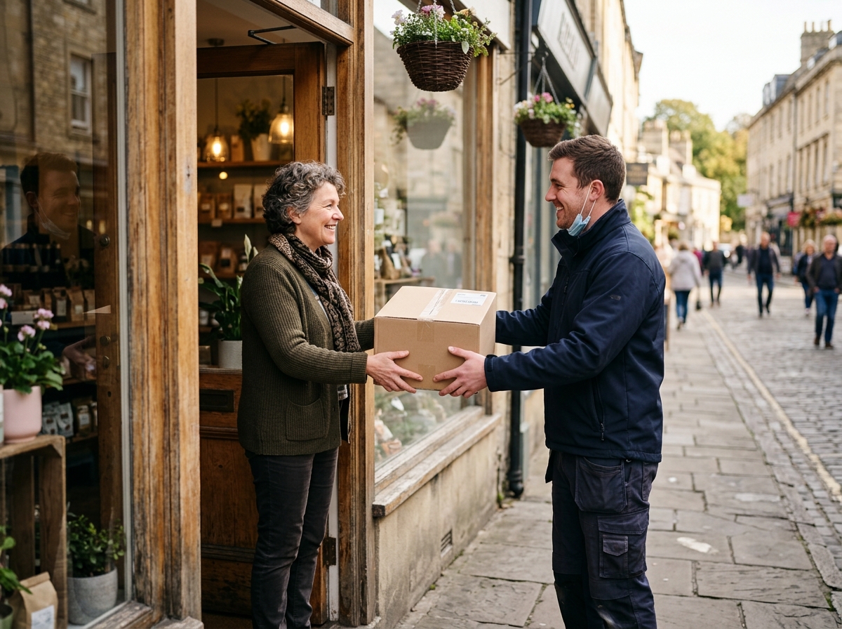Driver handing a parcel to a business owner