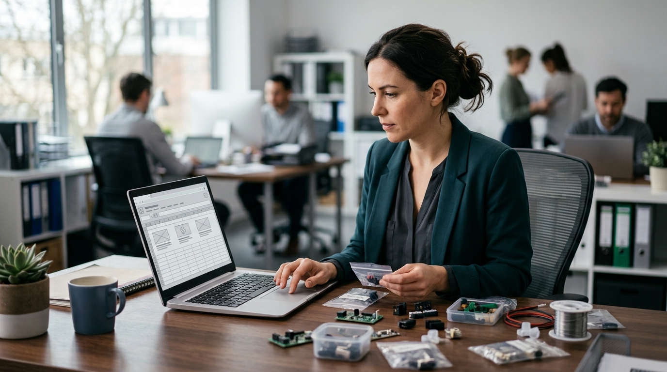 Procurement manager searching for a manufacturer on her laptop
