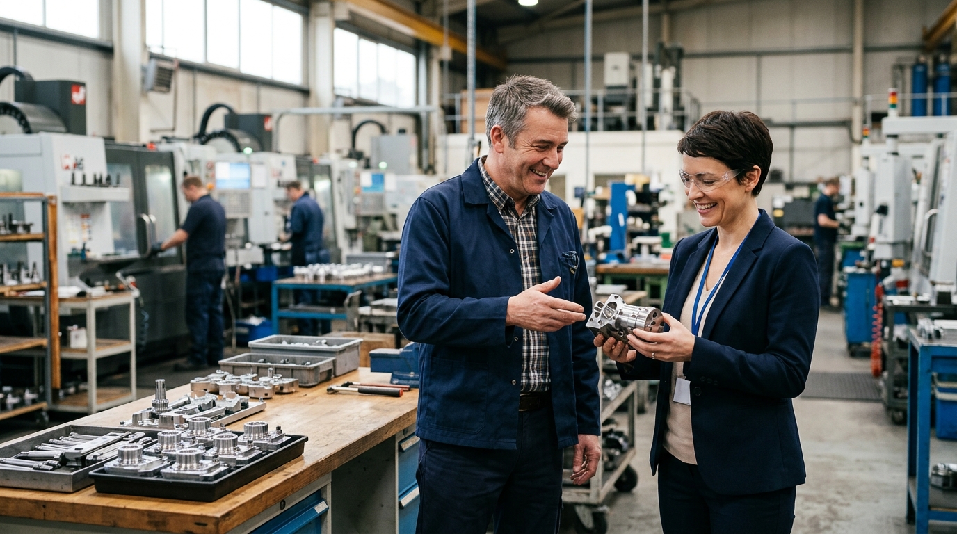 Client inspecting finished products with a production manager