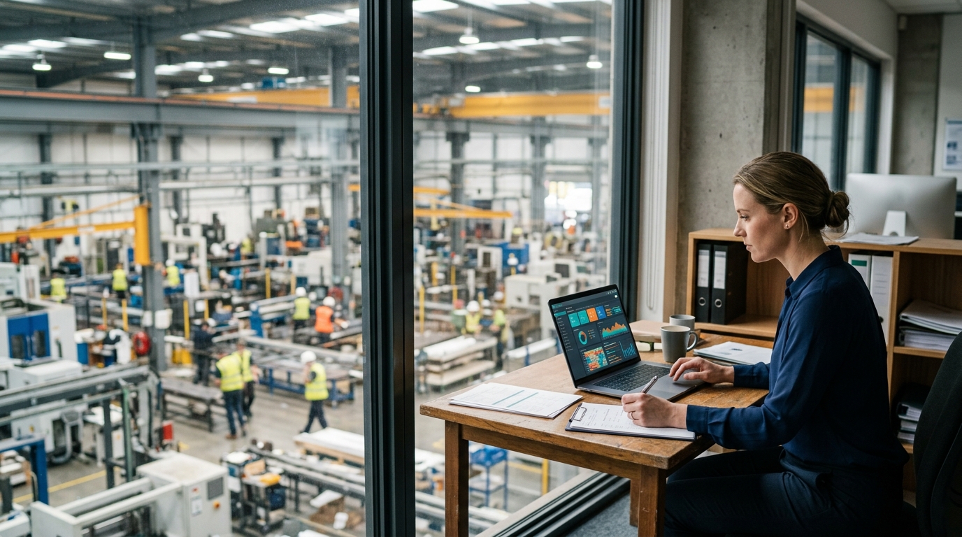 Production manager reviewing search performance beside a factory window
