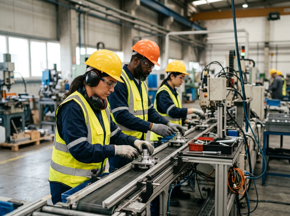 Workers operating a production line