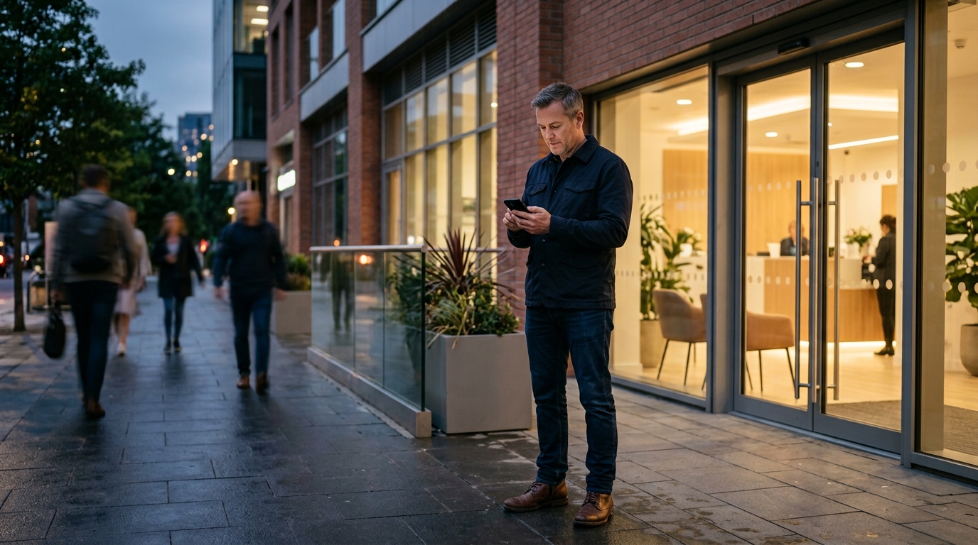 Woman searching for an appointment on her phone outside a modern clinic