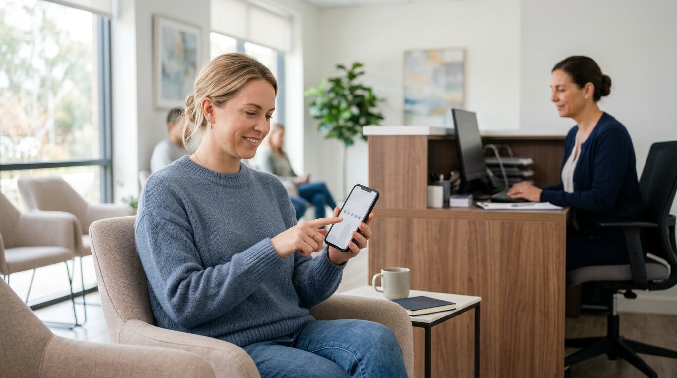 Patient leaving a review on her phone in a bright clinic waiting area