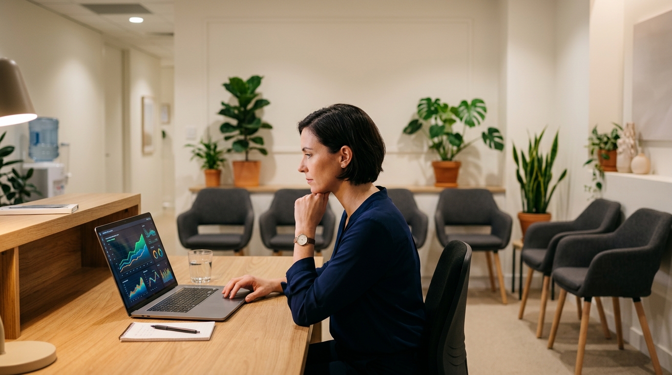 Clinic manager reviewing search performance on a laptop at a quiet reception desk
