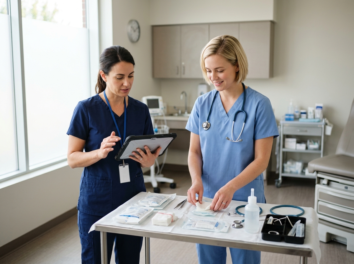 Two clinicians preparing a treatment room together