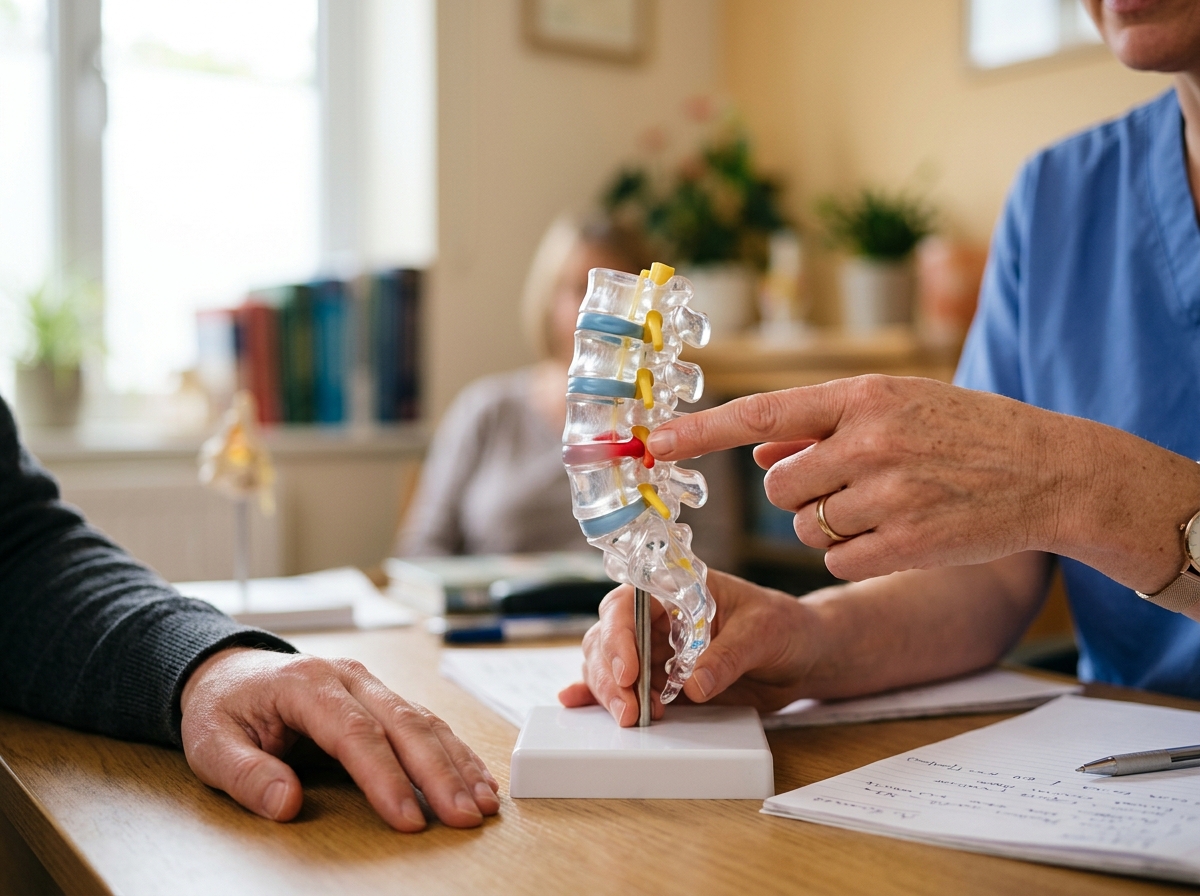 Clinician explaining a treatment with a model to a patient