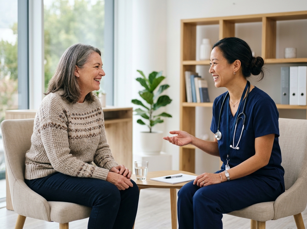Patient chatting with a practitioner during a relaxed consultation