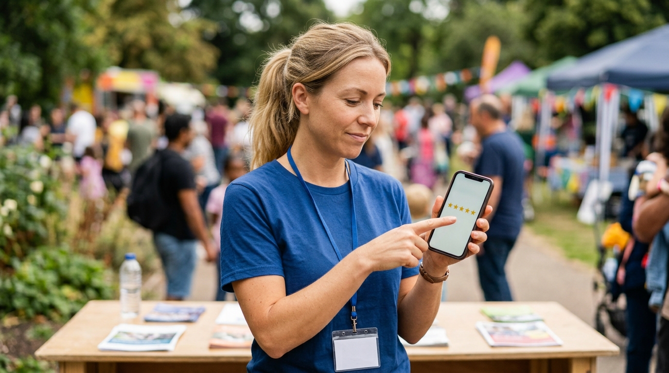 Volunteer leaving a review on her phone at a community event