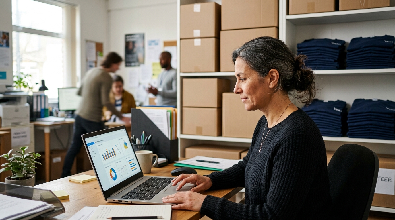 Charity coordinator reviewing website analytics in a small community office