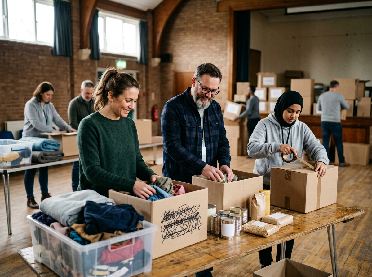 Volunteers sorting donated goods together