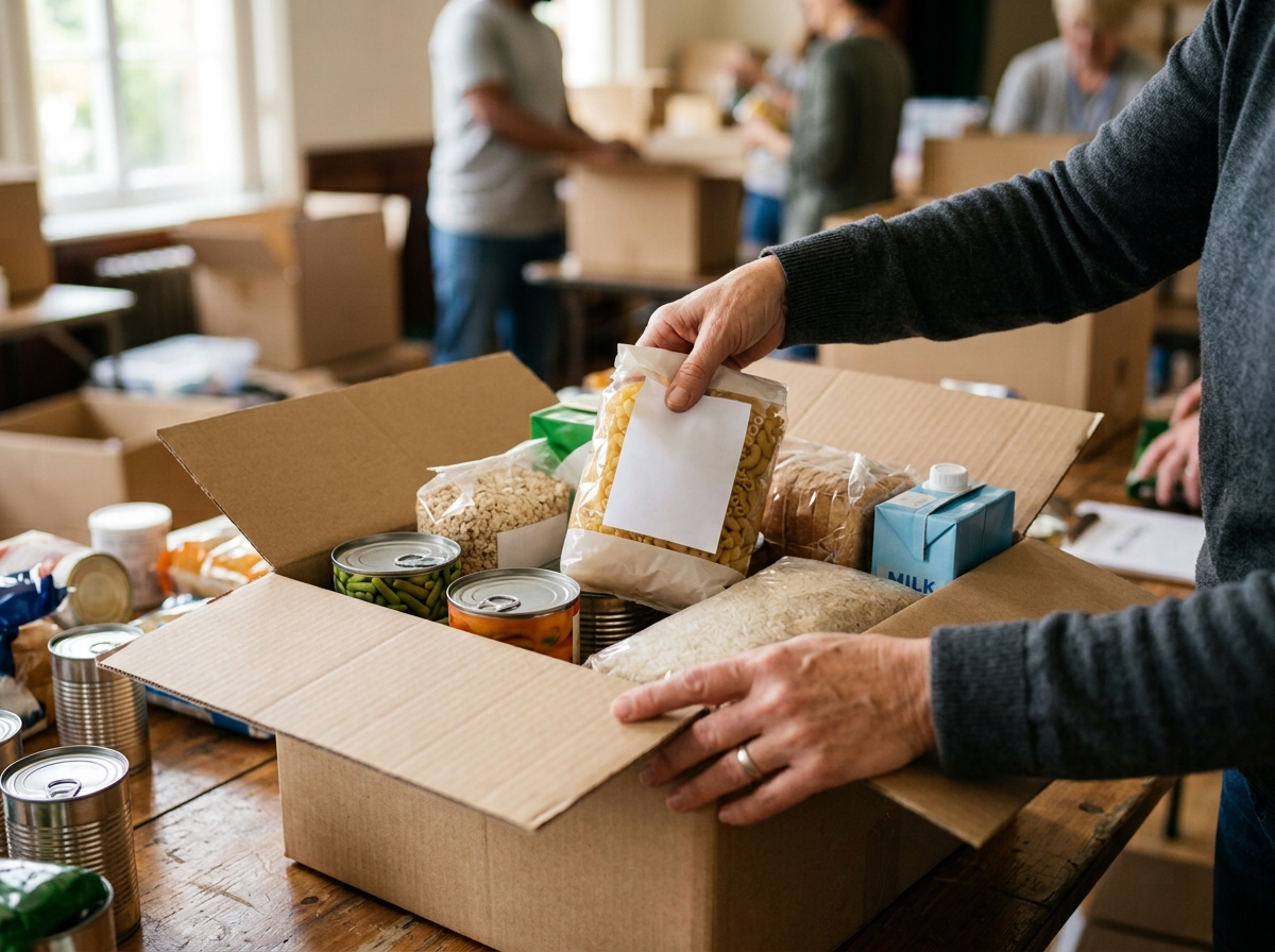 Hands packing a care package