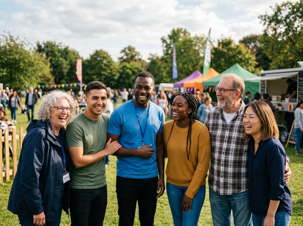 Volunteers and community members laughing at an outdoor event
