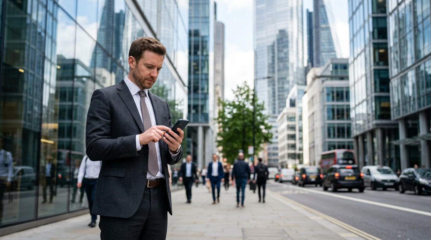 Businesswoman searching for a consultant on her phone in the city