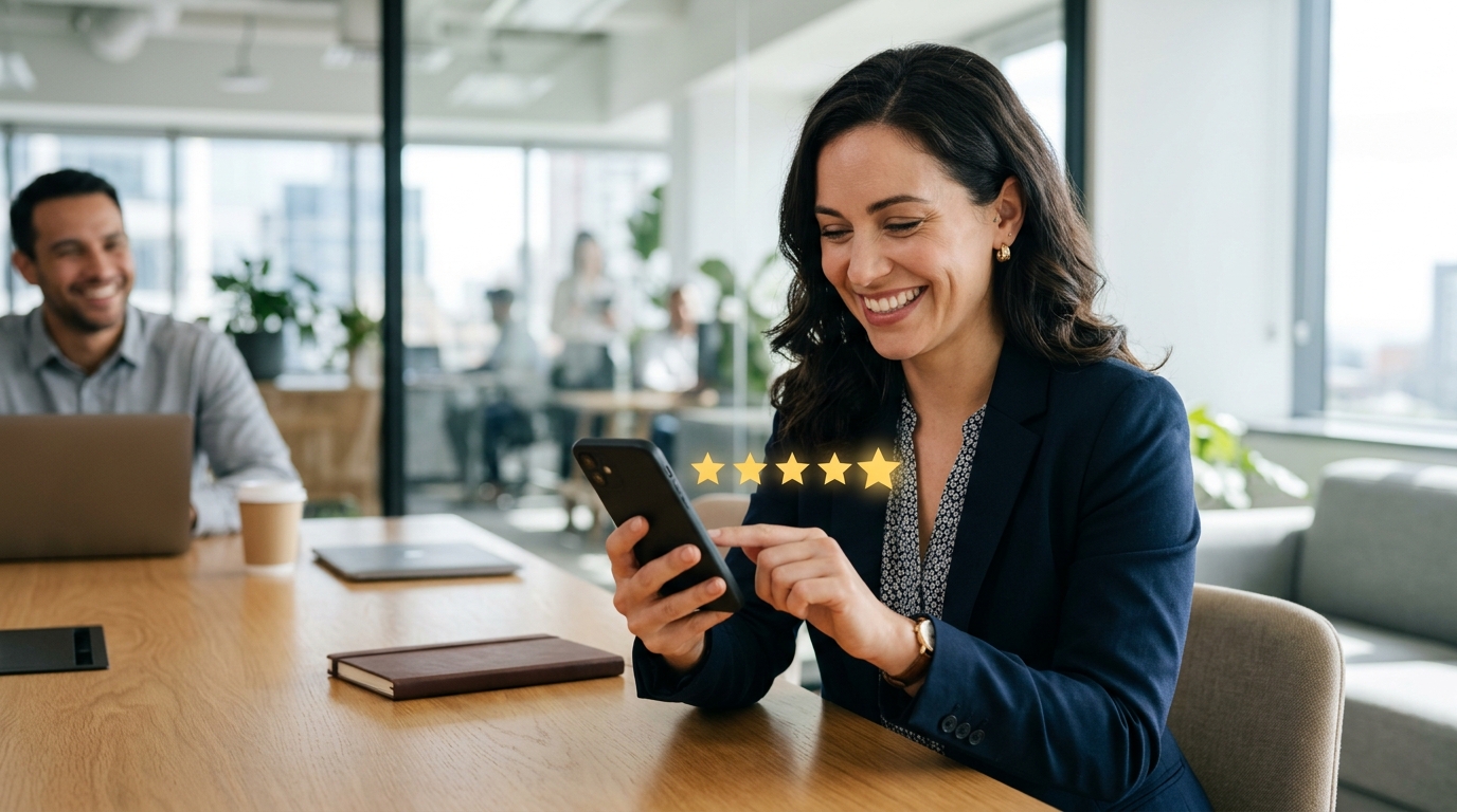 Client leaving a review on her phone after a meeting