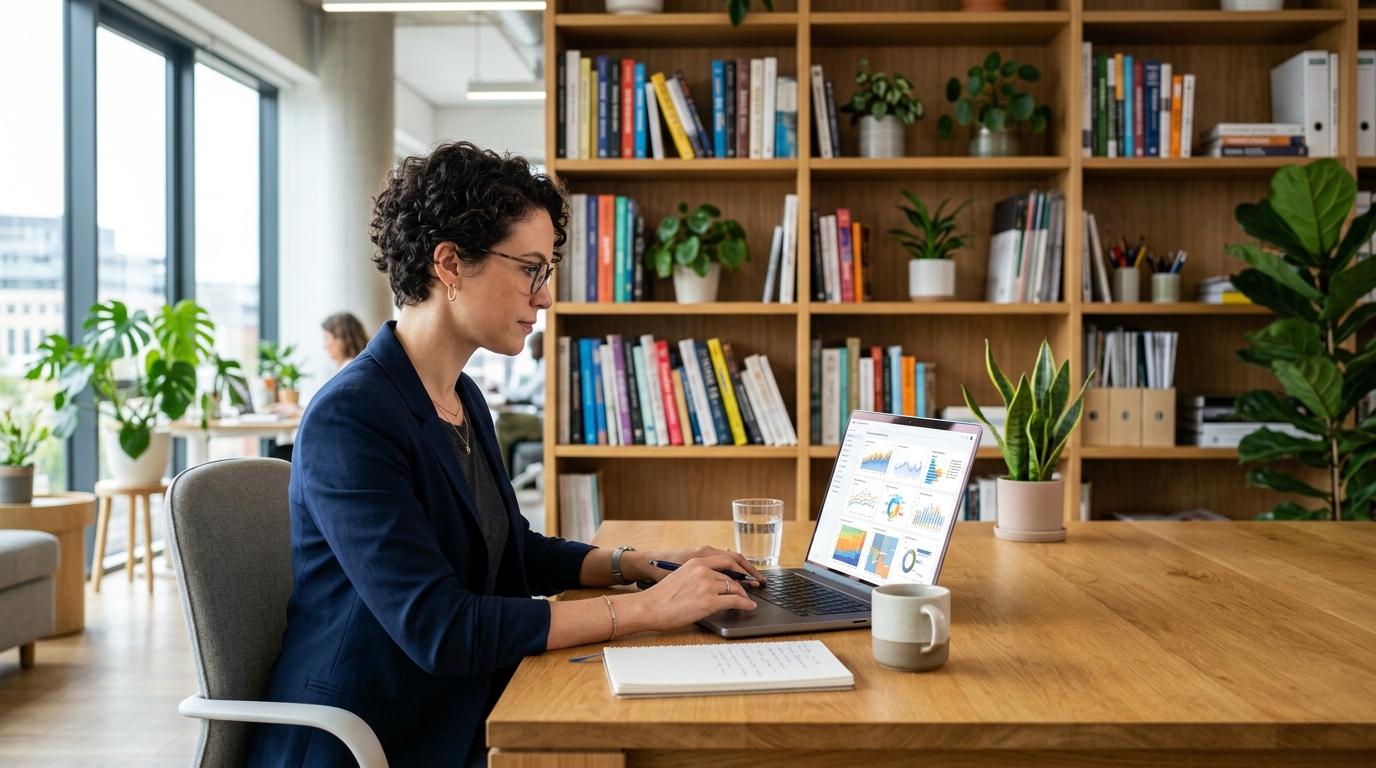Consultant reviewing search performance on a laptop in a bright office