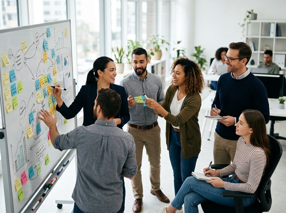 Team planning around a whiteboard with sticky notes