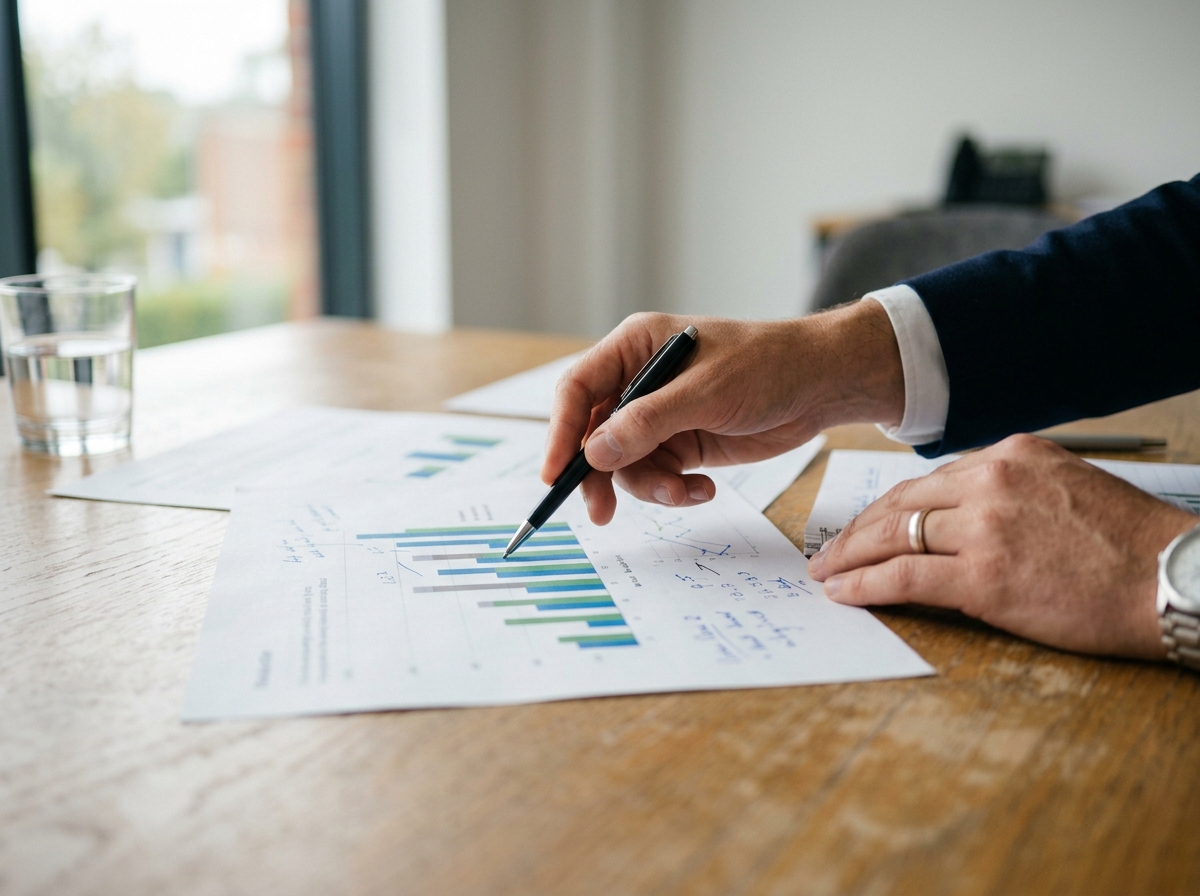 Printed charts and notes on a meeting table